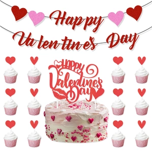 Red glitter Happy Valentine's Day banner with heart cake toppers set on white background