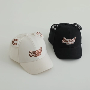 Kids baseball cap with cute bear ears and Sunset Sunrise embroidery in black and white colors
