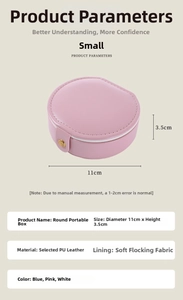 Boîte à bijoux ronde rose en cuir PU, 11 cm de diamètre avec doublure en velours