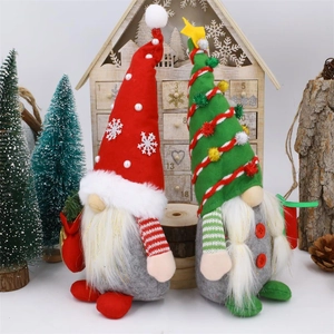 Standing Christmas gnomes with red and green pointed hats in festive holiday scene
