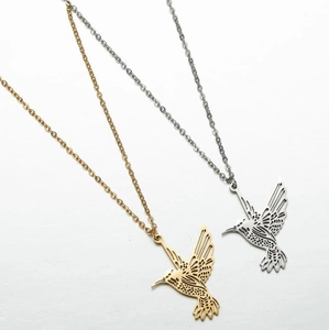 Minimalist hummingbird pendant necklaces in polished gold and silver stainless steel