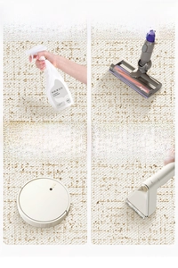 Close-up showing washable surface and vacuum compatibility of this cream minimalist rug
