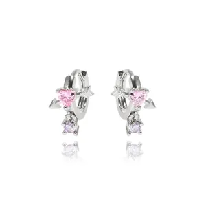 Silver heart hoop earrings with pink zircon heart and purple droplets on white background