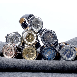 Men's automatic skeleton mechanical watches with leather straps in various dial colors
