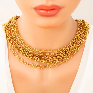 Close-up of multilayered 18K gold-plated stainless steel necklace on a model