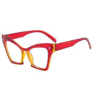 Fashionable oversized cat-eye glasses frame with red and amber gradient anti-blue light lens