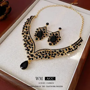 Vintage Luxury V Shaped Teardrop Jewelry Set For Women With Black Rhinestones Alloy Necklace And Earrings
