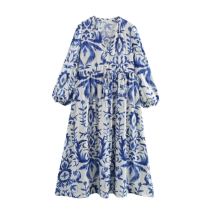 Damen V-Ausschnitt Langarm Maxi Kleid Laternenärmel Hohe Taille Schnürung Abstraktes Batikmuster Urlaub Polyester