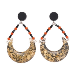 Bohemian crescent resin earrings with gold foil and colorful beads on white background