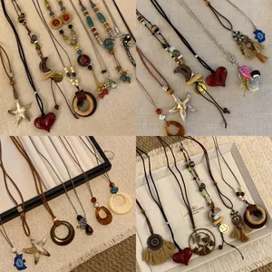 Bohemian Lange Anhänger Kette Retro Ethno Handgefertigte Harz Holzperlen Baumwollkordel Schmuck Für Damen