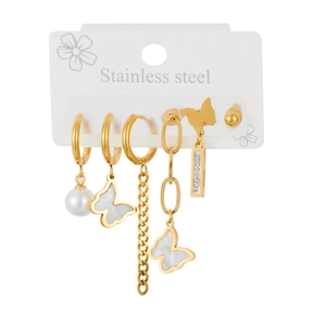 6-piece gold stainless steel earring set with pearls, butterflies and long tassels