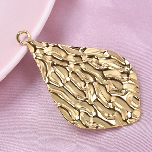 Vintage 304 stainless steel gold oval teardrop pendant with hammered texture detail