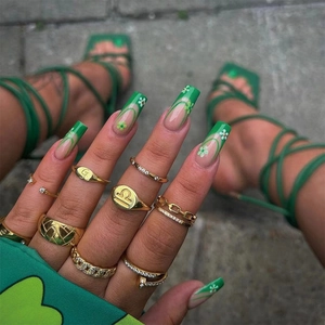 Press On Nails Green French Tip Long Coffin Shape Daisy Flower Pattern Full Cover Artificial False Nails For Women