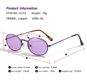 Tabla de tallas de gafas de sol ovaladas con montura de cobre y lentes moradas, 13,5cm