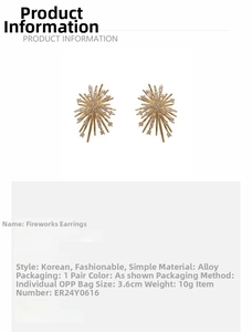 Detailed view of gold fireworks earrings with cubic zirconia, size 3.6cm and weight 10g