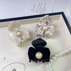 French vintage acetate pearl hair claw clips set in black and white marble finish