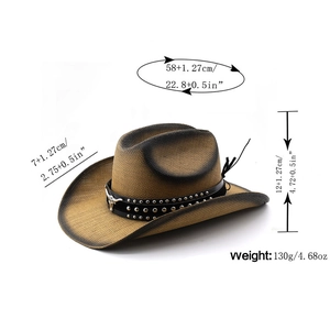 Western straw cowboy hat with bull head emblem and black leather studded band decor