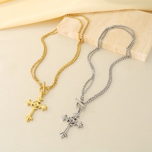 Retro stainless steel cross pendant necklaces in gold and silver with OT toggle clasp