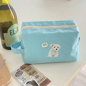 Cute light blue ice cream dog canvas makeup bag with large capacity and handle