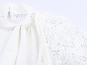 Detailed macro view of white lace patchwork and silk ribbon bow on elegant top collar