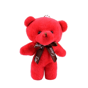 Red plush teddy bear keychain with Love ribbon, small stuffed animal gift for accessories