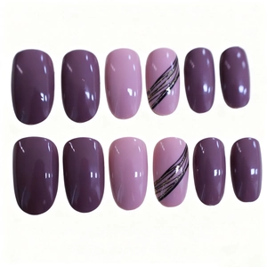Classic almond press-on nails set with elegant plum, nude, and gold glitter stripe accents