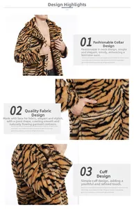 Macro detail of V-neck collar and high-quality faux fur texture on tiger print coat