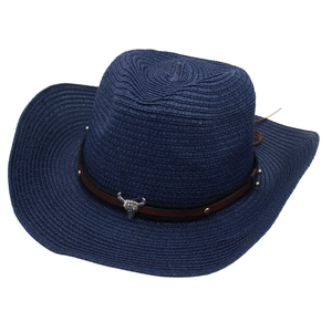 Western dark blue woven straw cowboy hat featuring a leather band and silver bull head decor