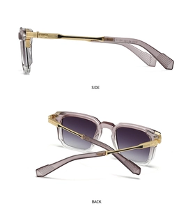 Detail view of purple gradient frames with gold metal temples and size specifications