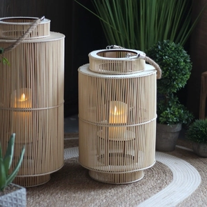 Handwoven Nordic bamboo lanterns set with rustic hemp handles for home decor