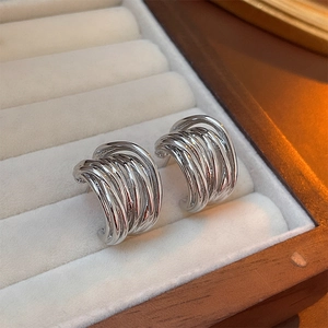 Detailed view of silver braided C-shape hoop earrings inside a premium jewelry box