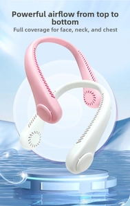 Detail of pink and white portable neck fan with U-shaped design and cooling air vents