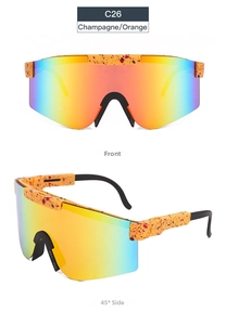 Detail of orange splash patterned sports sunglasses with orange-blue gradient lenses