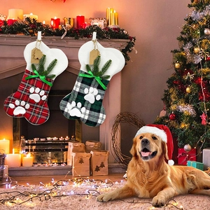 Bone Shape Pet Christmas Stockings Plaid Fabric White Plush Trim Paw Print Decoration Ribbon Bow Hanging Fireplace Ornament