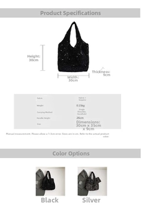 Detailed size chart for sequin tote bag with 30x30x9cm dimensions and handle height