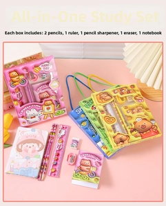Close-up of stationery set featuring pencils, ruler, eraser and notebook with capybara theme