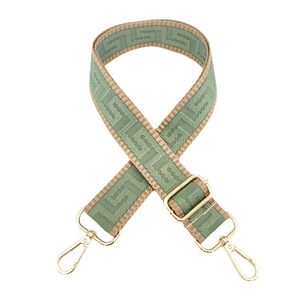 Adjustable woven shoulder strap for bags with green geometric pattern and gold buckles