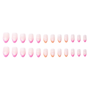 Pink and orange gradient French press-on nails with delicate white flower patterns