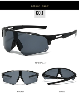 Detailed views of matte black cycling sunglasses with grey windproof shield lenses