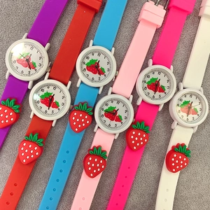 Detailed view of various colorful strawberry silicone straps for children watches