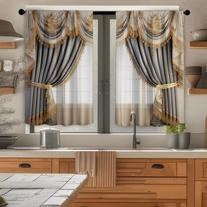 Detail of luxury grey and gold Damask kitchen curtains with elegant tassel valance and tiebacks