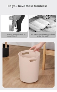 Close-up of minimalist beige storage bin with smooth handles for easy household organization