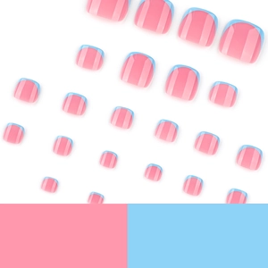 Minimalist French style pink and blue press-on toenails with high-gloss finish
