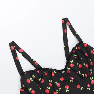 Close-up of cherry print V-neckline with delicate lace trim on a black summer dress