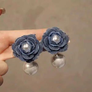 Boucles Oreilles Pendantes Rose En Tissu Denim Avec Künstliche Perles Argent Sterling 925 Style Rétro Chic Français Pour Femmes