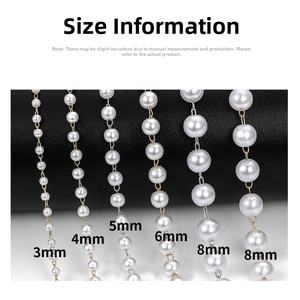 Size chart showing 3mm to 8mm imitation pearl bead chains for DIY jewelry making