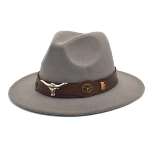 Light gray wool fedora hat with a brown leather band featuring a metal bull head ornament
