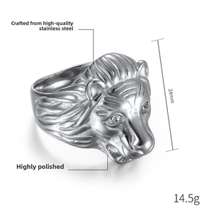 Macro view of high polished stainless steel lion head ring with 24mm height details