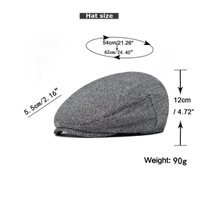 Detail view of grey herringbone beret with size measurements and product dimensions