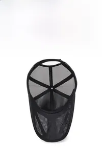 Close-up of black breathable mesh baseball cap with adjustable strap and light texture